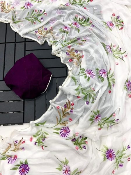 Wholesale Chiffon Sarees with Floral Handbrush Print and Pearl Lace Border Pure Chiffon Sarees Wholesale