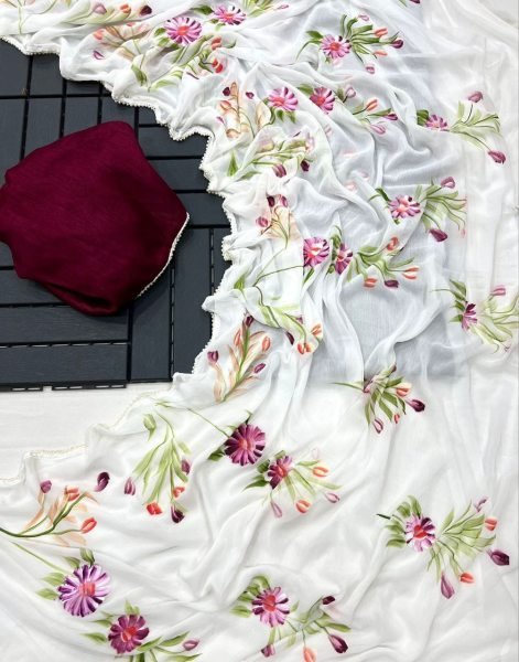 Wholesale Chiffon Sarees with Floral Handbrush Print and Pearl Lace Border Pure Chiffon Sarees Wholesale