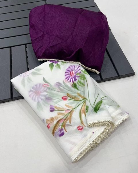Wholesale Chiffon Sarees with Floral Handbrush Print and Pearl Lace Border Pure Chiffon Sarees Wholesale