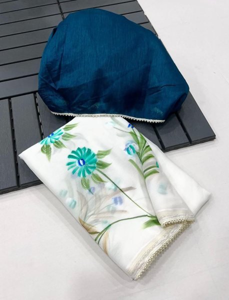 Wholesale Chiffon Sarees with Floral Handbrush Print and Pearl Lace Border Pure Chiffon Sarees Wholesale
