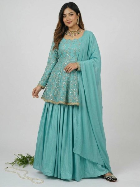 Wholesale Collection Aqua Blue Fandy Silk 5mm Sequence Embroidery Kediyu Lehenga With Georgette Lace Border Fancy Borders Work Dupatta  