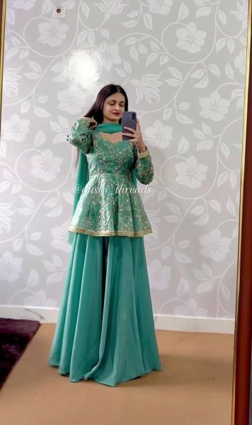 Wholesale Collection Aqua Blue Fandy Silk 5mm Sequence Embroidery Kediyu Lehenga With Georgette Lace Border Fancy Borders Work Dupatta  Ready To Wear Collection