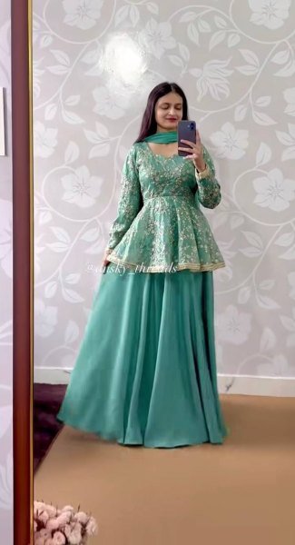 Wholesale Collection Aqua Blue Fandy Silk 5mm Sequence Embroidery Kediyu Lehenga With Georgette Lace Border Fancy Borders Work Dupatta  Ready To Wear Collection