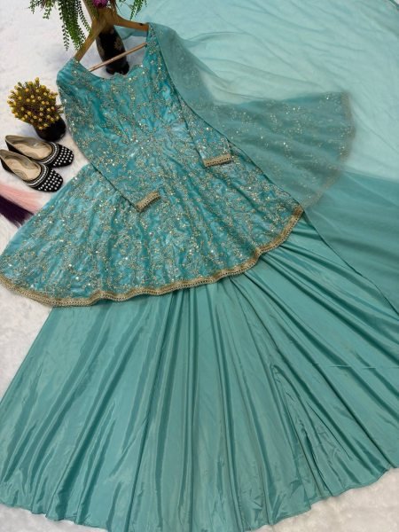 Wholesale Collection Aqua Blue Fandy Silk 5mm Sequence Embroidery Kediyu Lehenga With Georgette Lace Border Fancy Borders Work Dupatta  Ready To Wear Collection