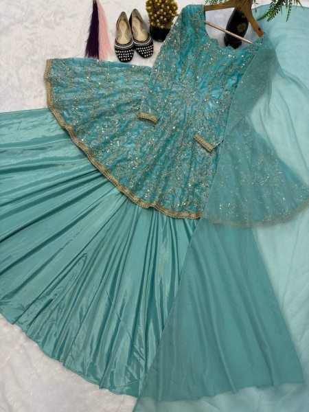 Wholesale Collection Aqua Blue Fandy Silk 5mm Sequence Embroidery Kediyu Lehenga With Georgette Lace Border Fancy Borders Work Dupatta  Ready To Wear Collection