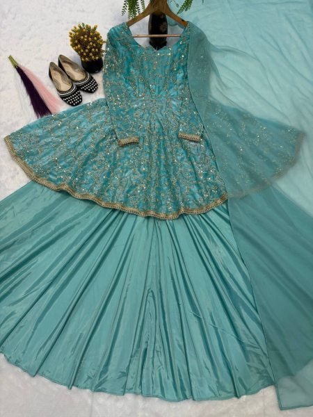 Wholesale Collection Aqua Blue Fandy Silk 5mm Sequence Embroidery Kediyu Lehenga With Georgette Lace Border Fancy Borders Work Dupatta  Ready To Wear Collection