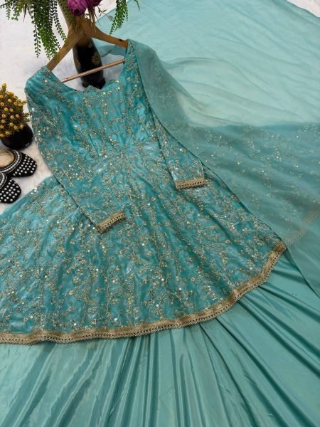 Wholesale Collection Aqua Blue Fandy Silk 5mm Sequence Embroidery Kediyu Lehenga With Georgette Lace Border Fancy Borders Work Dupatta  Ready To Wear Collection