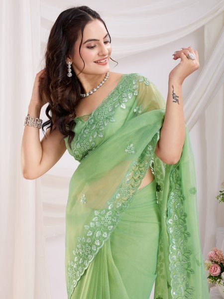 Wholesale Collection Women Beautiful Designer Embroidery Green Saree  Embroidery Sarees Wholesale