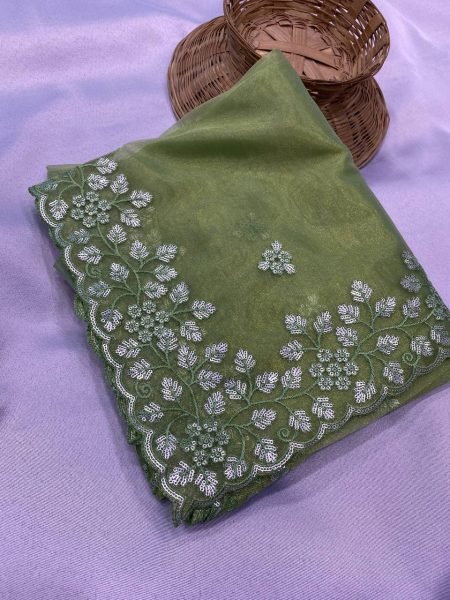 Wholesale Collection Women Beautiful Designer Embroidery Green Saree  Embroidery Sarees Wholesale
