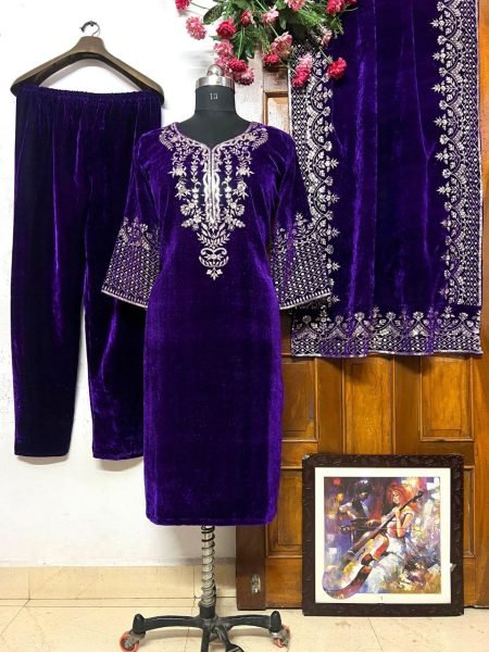 Wholesale Heavy Velvet Ethenika Neck 3 Piece Set with Embroidery Work Ready To Wear Collection