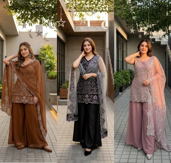 Wholesale Hub Dusty Rose Pink Viral Hand Work Heavy Embroidered Kurti With Palazzo And Dupatta Ready To Wear Collection