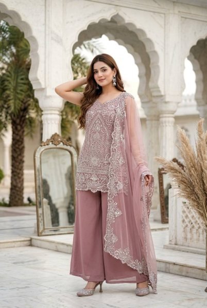 Wholesale Hub Dusty Rose Pink Viral Hand Work Heavy Embroidered Kurti With Palazzo And Dupatta Ready To Wear Collection