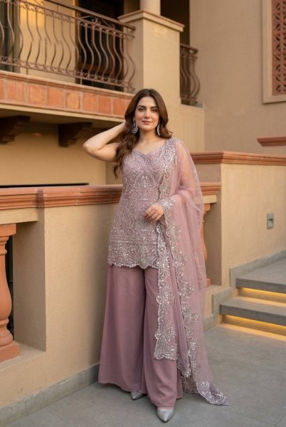 Wholesale Hub Dusty Rose Pink Viral Hand Work Heavy Embroidered Kurti With Palazzo And Dupatta Ready To Wear Collection
