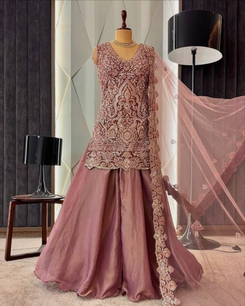 Wholesale Hub Dusty Rose Pink Viral Hand Work Heavy Embroidered Kurti With Palazzo And Dupatta Ready To Wear Collection