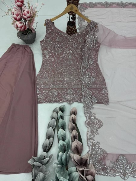 Wholesale Hub Dusty Rose Pink Viral Hand Work Heavy Embroidered Kurti With Palazzo And Dupatta Ready To Wear Collection