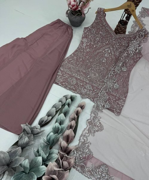 Wholesale Hub Dusty Rose Pink Viral Hand Work Heavy Embroidered Kurti With Palazzo And Dupatta Ready To Wear Collection