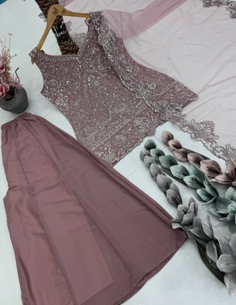 Wholesale Hub Dusty Rose Pink Viral Hand Work Heavy Embroidered Kurti With Palazzo And Dupatta Ready To Wear Collection