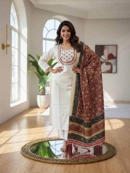 Wholesale Khadi Cotton Kurti Pant Dupatta With Embroidered Ethnic Wear for Resellers and Retailers 