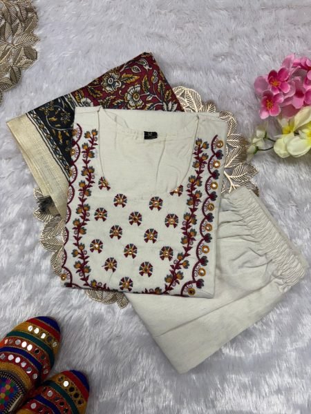 Wholesale Khadi Cotton Kurti Pant Dupatta With Embroidered Ethnic Wear for Resellers and Retailers Embroidery Kurtis 
