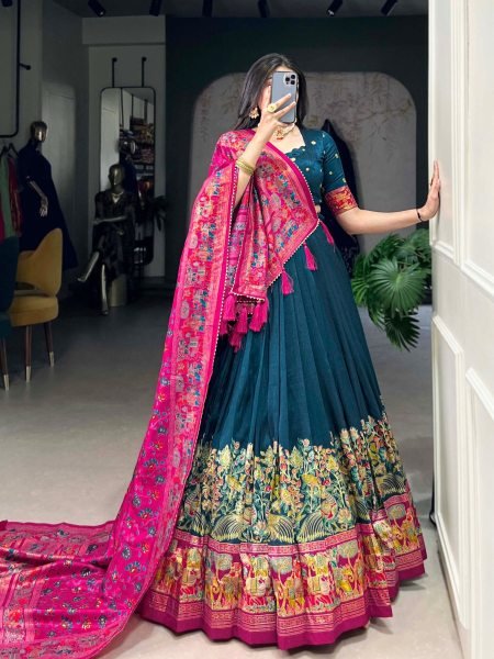 Wholesale Navratri Collection Tussar Silk Lehenga Choli with Can Can Flair & Foil Dupatta Limited Offer  Lehenga