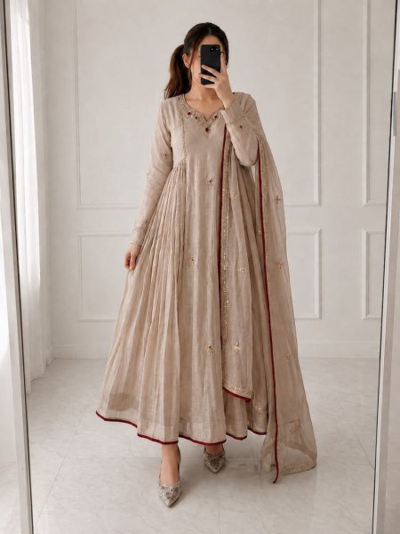 Wholesale Pure Mul Chanderi Cream V Neck Embroidered Kurta Set with Dupatta for Women Ethnic Wear 
