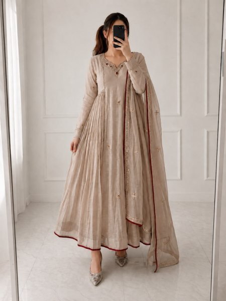 Wholesale Pure Mul Chanderi Cream V Neck Embroidered Kurta Set with Dupatta for Women Ethnic Wear Embroidery Kurtis 