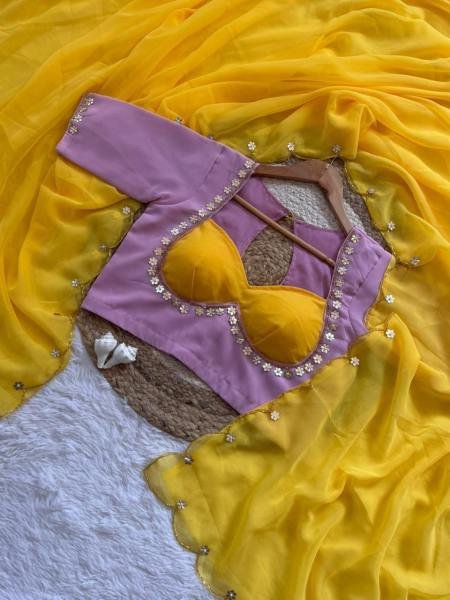 Wholesale Sabyasachi Inspired Faux Georgette Saree with Hand Khatali and Cutdana Work Blous Georgette Sarees Wholesale