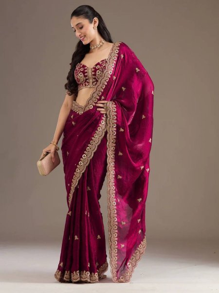 wholesale satin silk saree with zari dori and sequin work for parties Sarees 