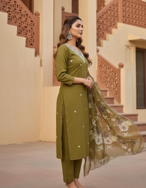 Wholesale Slub Rayon Kurti Pant Dupatta Set for Resellers and Retailers Embroidery Kurtis 