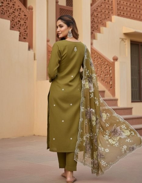 Wholesale Slub Rayon Kurti Pant Dupatta Set for Resellers and Retailers Embroidery Kurtis 