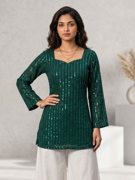 Wholesale soft and Lightweight Green Georgette Tunic Kurti for Resellers and Retailers Kurtis