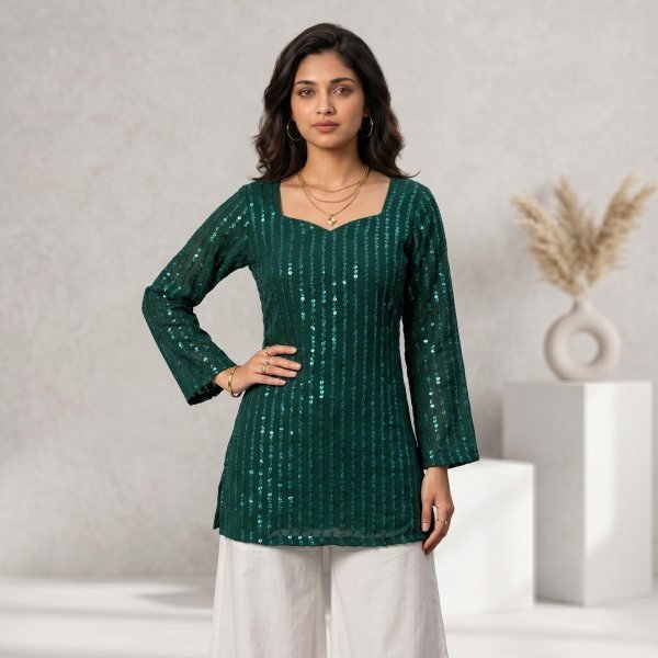 Wholesale soft and Lightweight Green Georgette Tunic Kurti for Resellers and Retailers Full Set Kurti