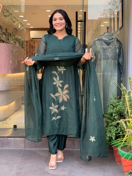 Wholesale Vichitra Silk Embroidered Kurti Pant Dupatta Set with Nazmin Dupatta  for Resellers and Retailers Embroidery Kurtis 