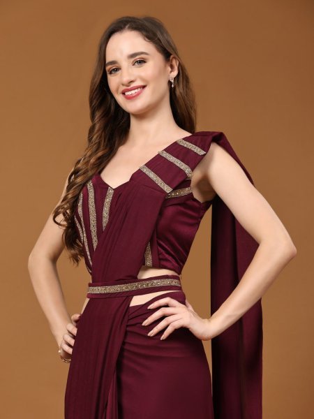 Wine Affair Maroon Crystal Ready Saree for Elegant Evening Looks Ready To Wear Saree 