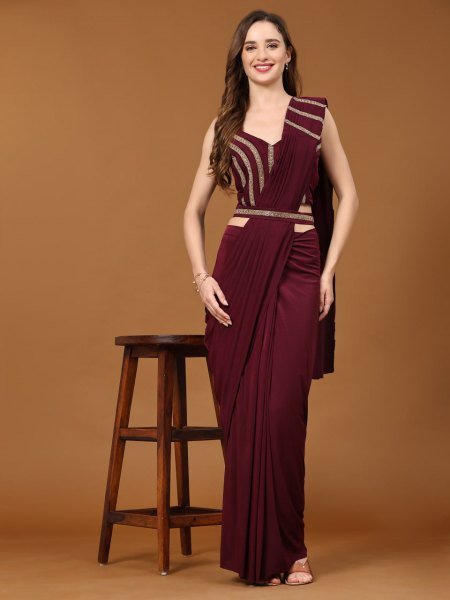 Wine Affair Maroon Crystal Ready Saree for Elegant Evening Looks Ready To Wear Saree 