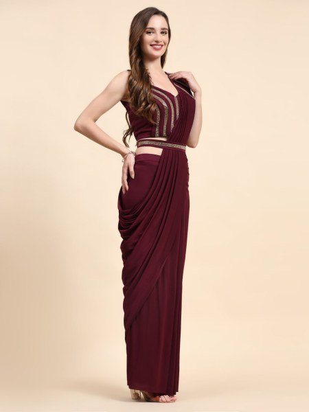 Wine Affair Maroon Crystal Ready Saree for Elegant Evening Looks Ready To Wear Saree 