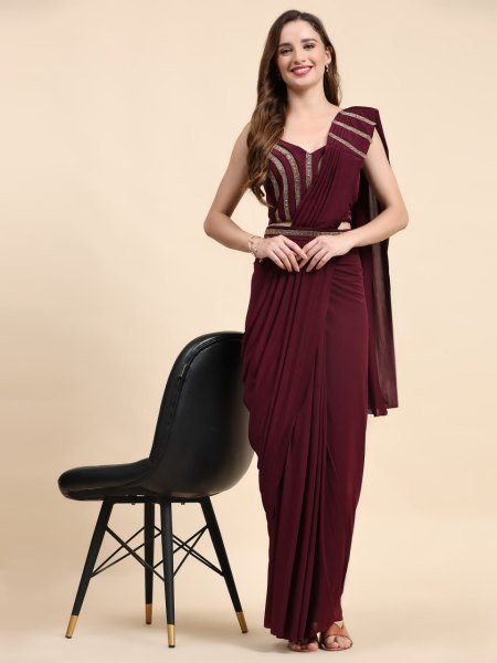 Wine Affair Maroon Crystal Ready Saree for Elegant Evening Looks Ready To Wear Saree 