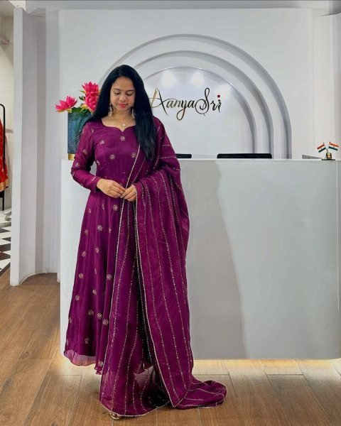 Wine anarkali with  Embroidered Matching  dupatta available only at Royal Export  Kurti With Dupatta Wholesale