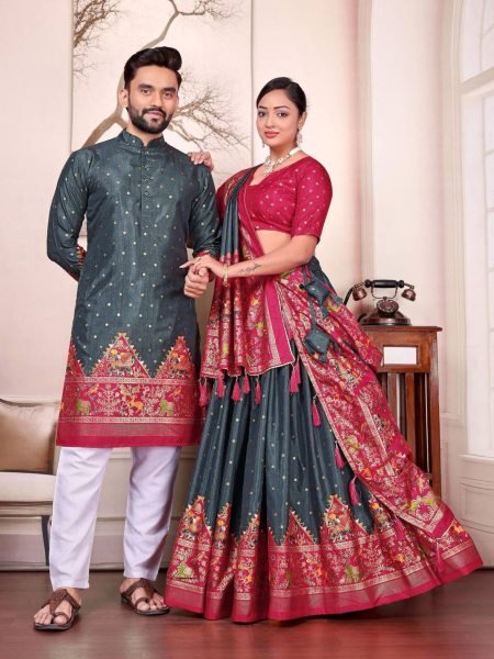 Wine and Teal Dola Silk Couple Outfit Patola Foil Print Lehenga with Kurta Pajama Mens Wear