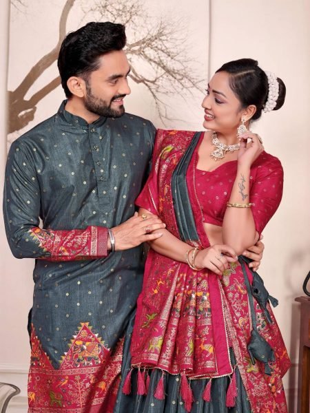 Wine and Teal Dola Silk Couple Outfit Patola Foil Print Lehenga with Kurta Pajama Couple Combo collection 