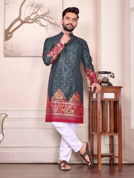 Wine and Teal Dola Silk Couple Outfit Patola Foil Print Lehenga with Kurta Pajama Couple Combo collection 
