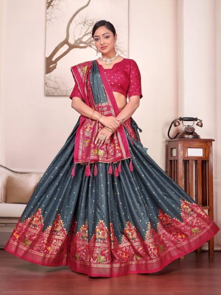 Wine and Teal Dola Silk Couple Outfit Patola Foil Print Lehenga with Kurta Pajama Couple Combo collection 