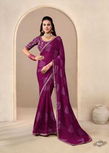 Wine Bandhani Georgette Saree with Embroidery Border for Party Wear Georgette Sarees Wholesale