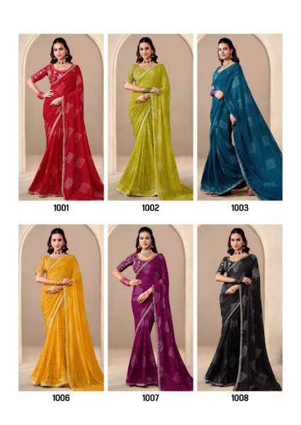 Wine Bandhani Georgette Saree with Embroidery Border for Party Wear Georgette Sarees Wholesale