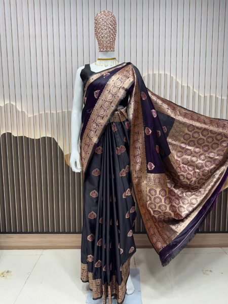 Wine Black Lichi Silk Saree with Weaving Border Elegant Festive Wear Banarasi Saree Wholesale