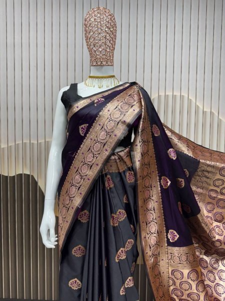 Wine Black Lichi Silk Saree with Weaving Border Elegant Festive Wear Banarasi Saree Wholesale