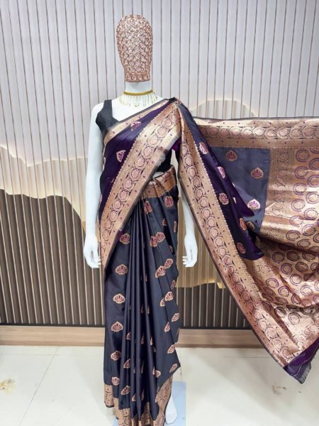 Wine Black Lichi Silk Saree with Weaving Border Elegant Festive Wear Banarasi Saree Wholesale