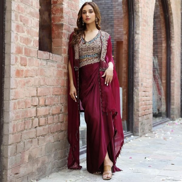 Wine Choli Western Dhoti With Shrug Set Designer Lehenga Choli