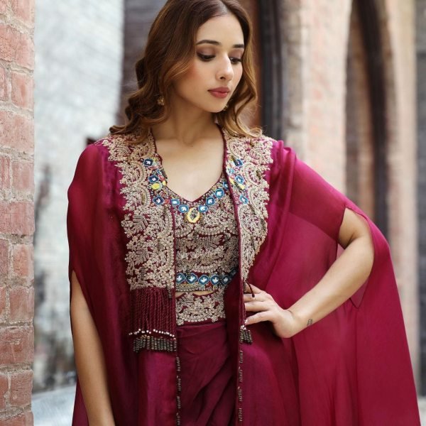 Wine Choli Western Dhoti With Shrug Set Designer Lehenga Choli