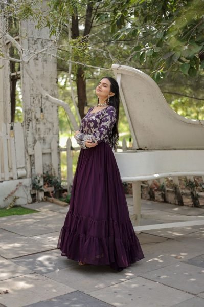 Wine Color Faux Blooming Embroidery Work Long Gown Anarkali Kurtis 